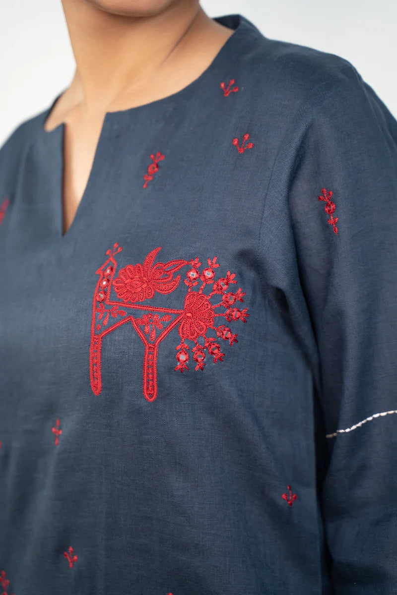 Dark Grey Hand Embroidered Cotton Kurti Set 2pcs