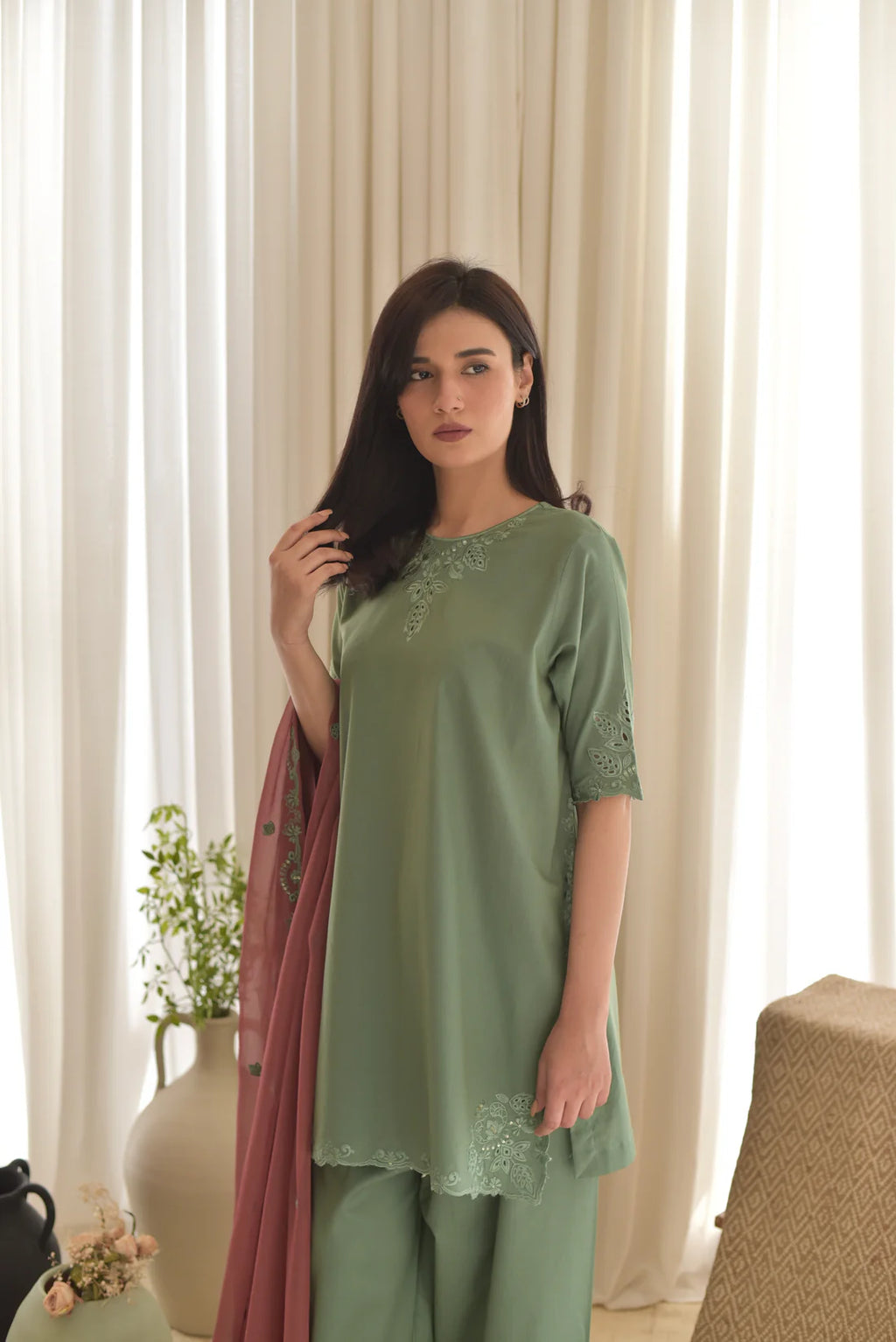 Sage Green Farsi Embroidered Cotton 3-Piece Suit Set