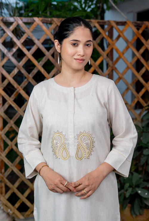 Blush Bone Cream Pair Embroidered Cotton Kurti Set 2pcs