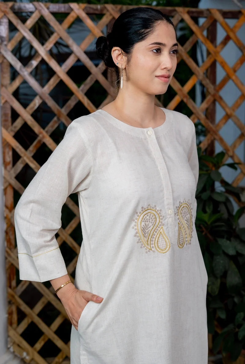 Blush Bone Cream Pair Embroidered Cotton Kurti Set 2pcs