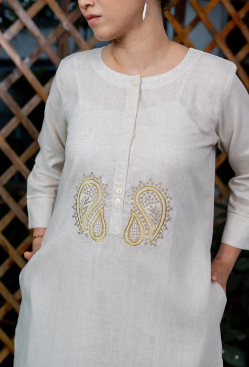 Blush Bone Cream Pair Embroidered Cotton Kurti Set 2pcs