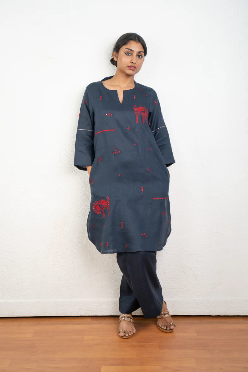 Dark Grey Hand Embroidered Cotton Kurti Set 2pcs