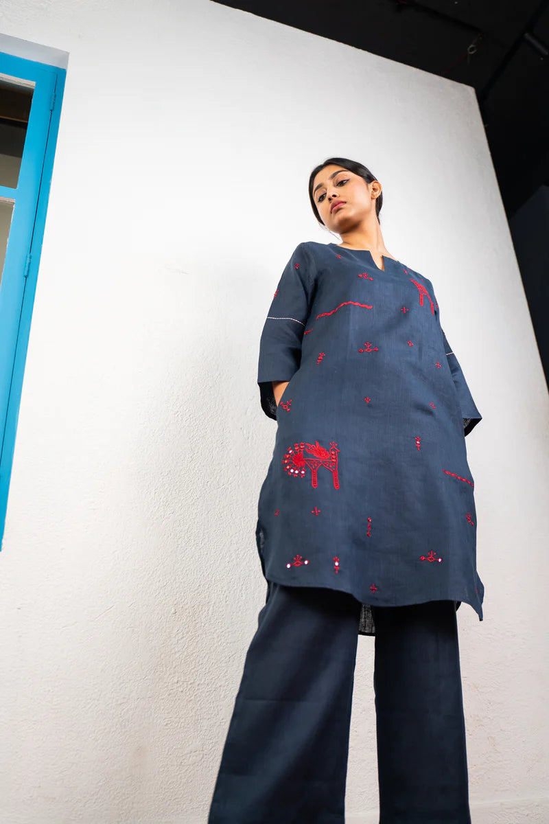 Dark Grey Hand Embroidered Cotton Kurti Set 2pcs