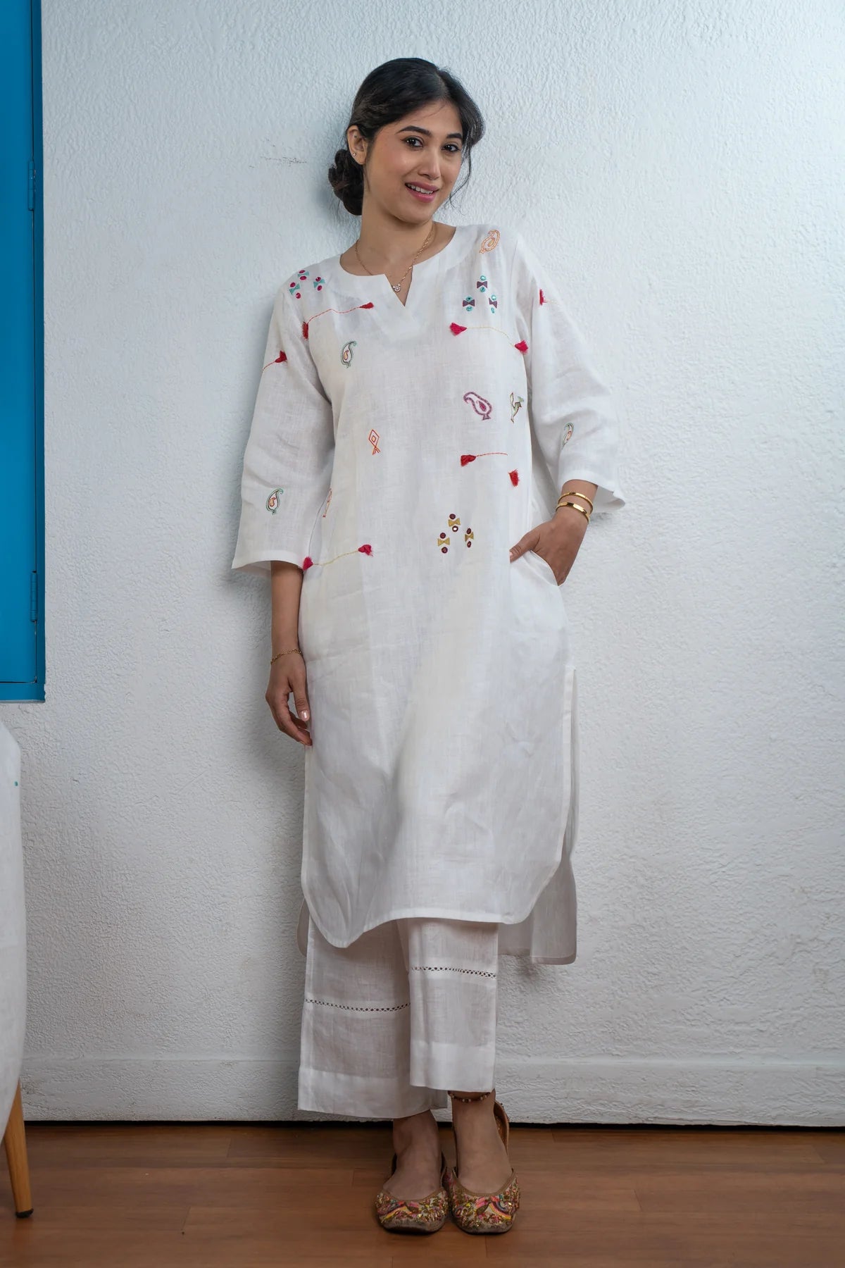 Ivory White Remie cotton Embroidered Kurti Set 2pcs