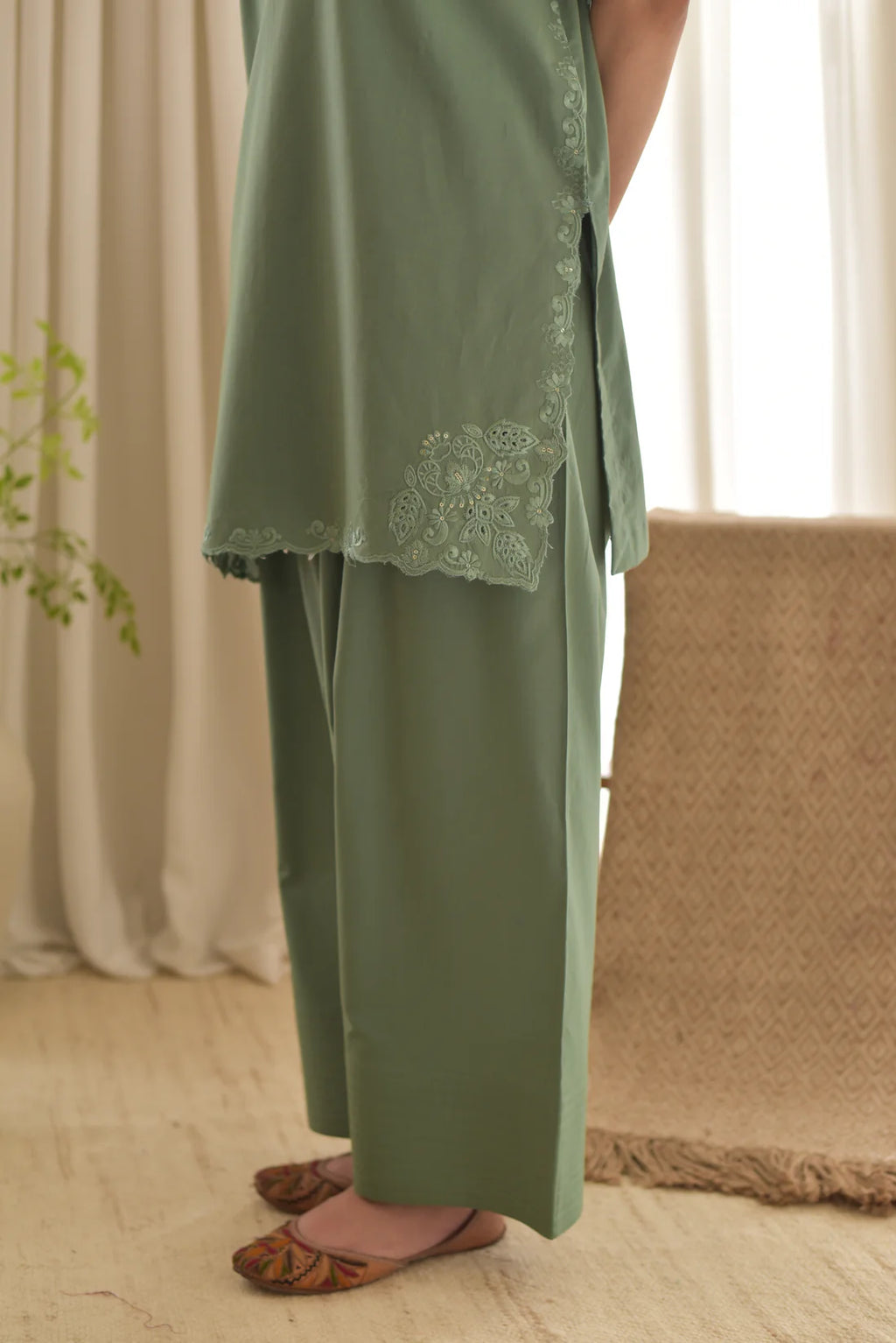 Sage Green Farsi Embroidered Cotton 3-Piece Suit Set