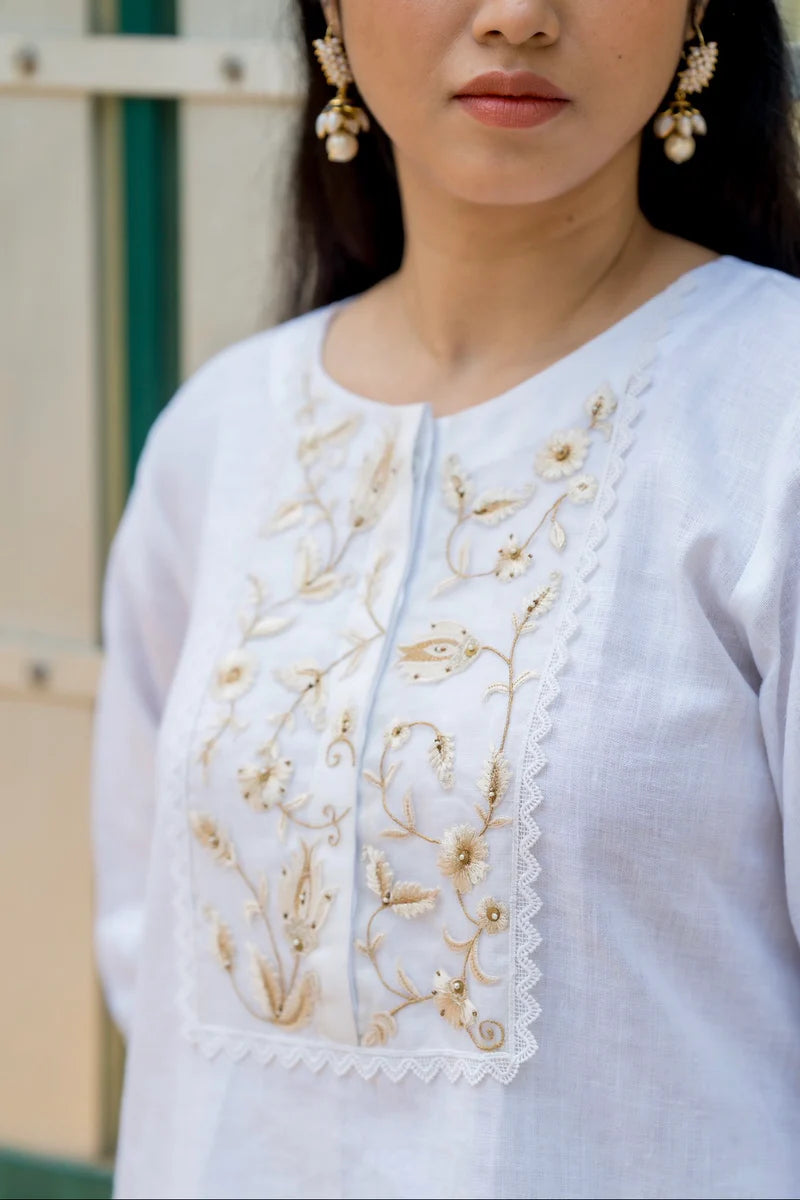 Pearl White Embroidered Cotton 3-Piece Suit Set