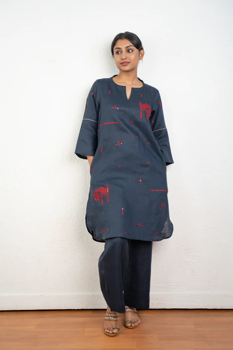 Dark Grey Hand Embroidered Cotton Kurti Set 2pcs