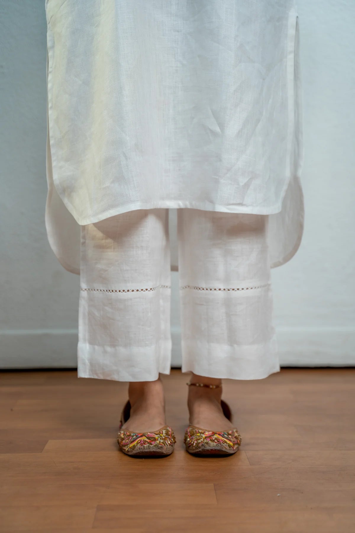Ivory White Remie cotton Embroidered Kurti Set 2pcs