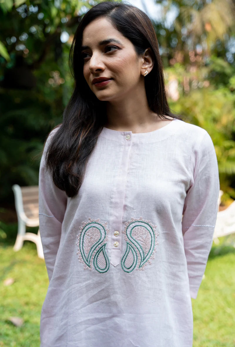 Blush Pink Embroidered Cotton Kurti Set 2pcs