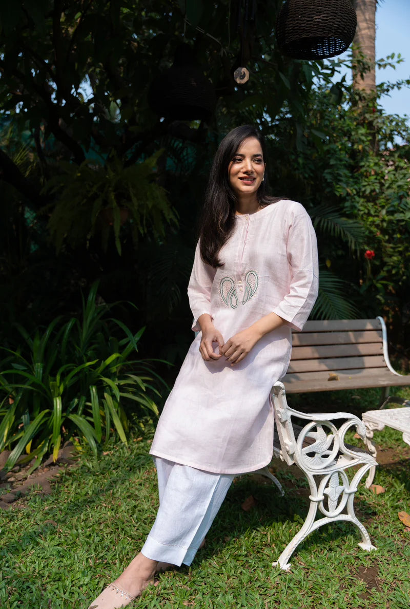 Blush Pink Embroidered Cotton Kurti Set 2pcs