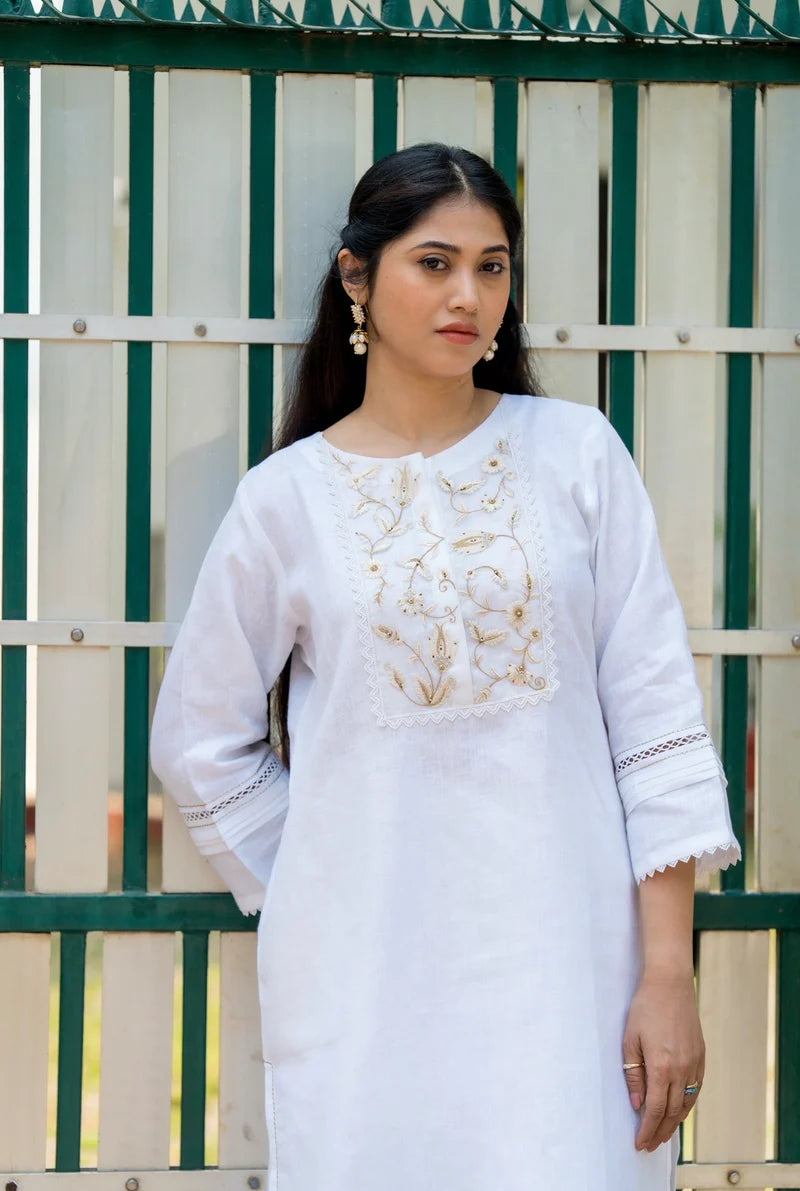Pearl White Embroidered Cotton 3-Piece Suit Set