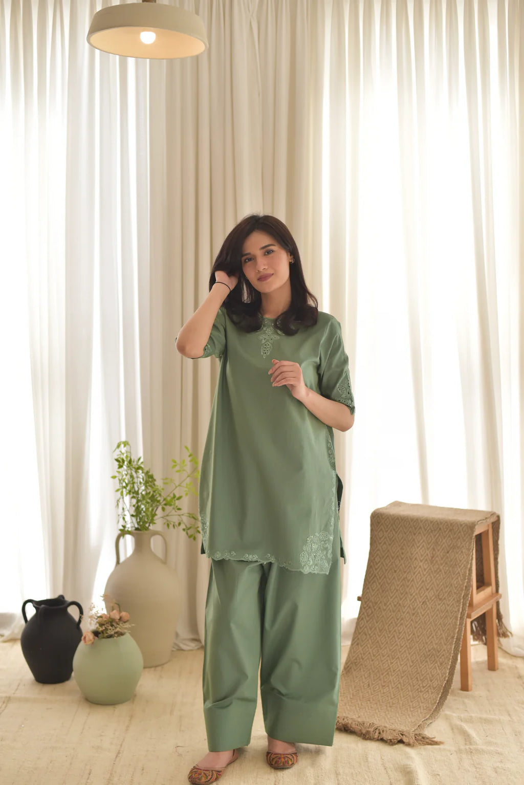 Sage Green Farsi Embroidered Cotton 3-Piece Suit Set