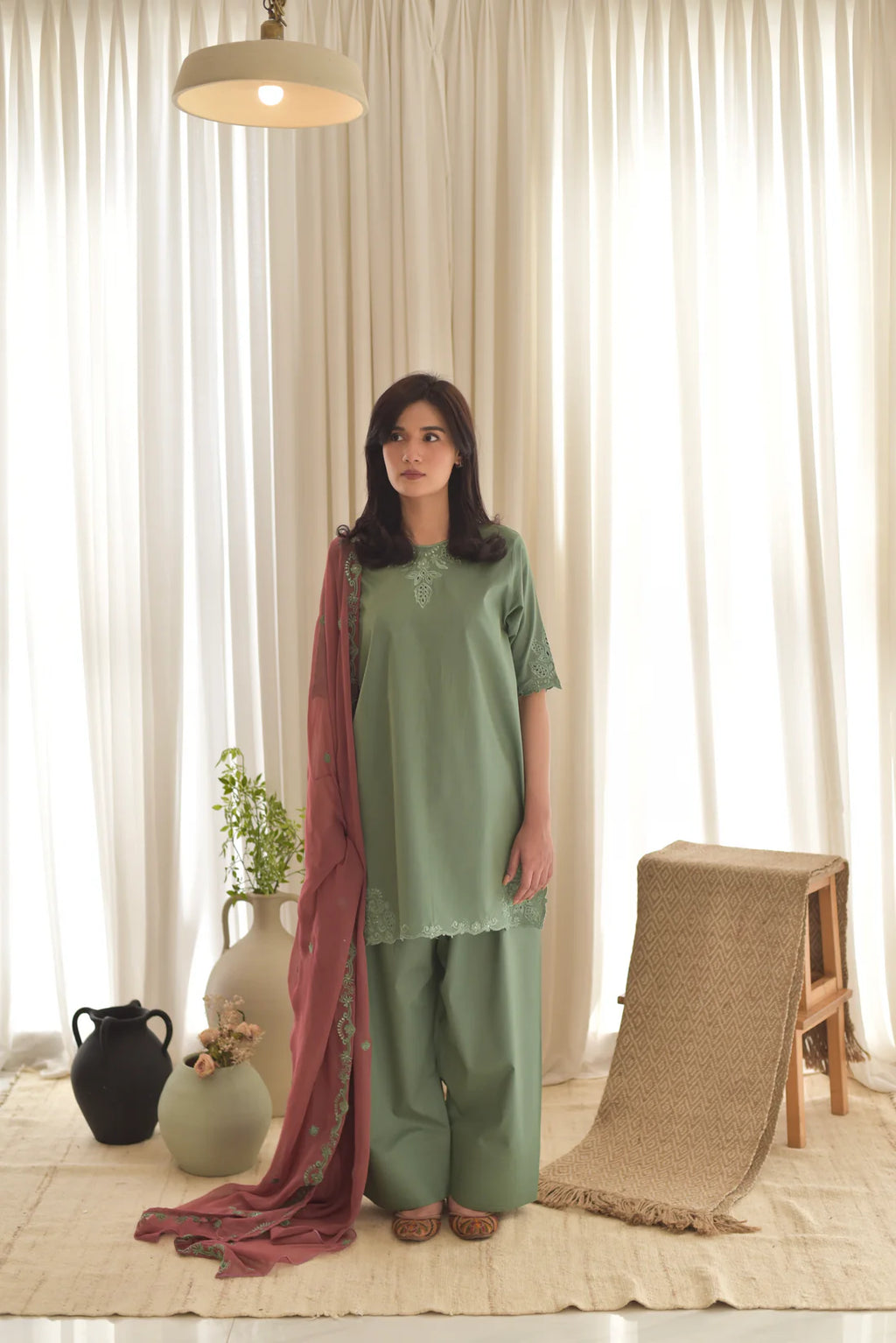 Sage Green Farsi Embroidered Cotton 3-Piece Suit Set