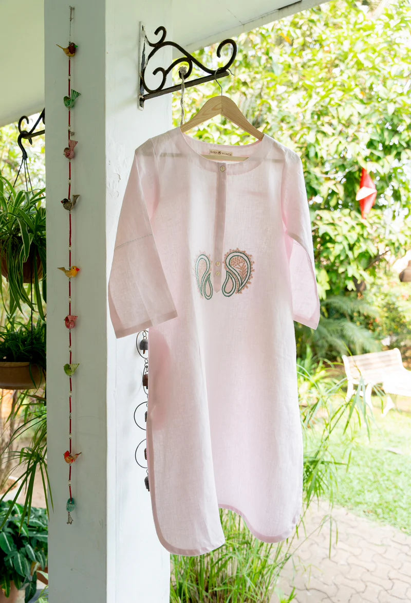 Blush Pink Embroidered Cotton Kurti Set 2pcs