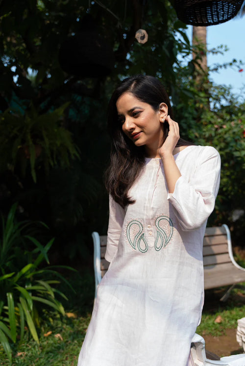 Blush Pink Embroidered Cotton Kurti Set 2pcs