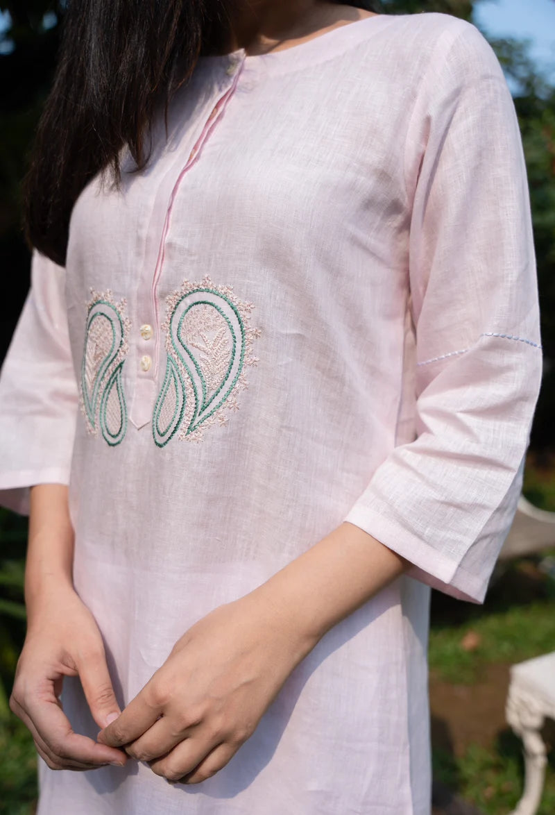 Blush Pink Embroidered Cotton Kurti Set 2pcs