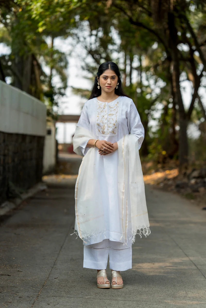 Pearl White Embroidered Cotton 3-Piece Suit Set