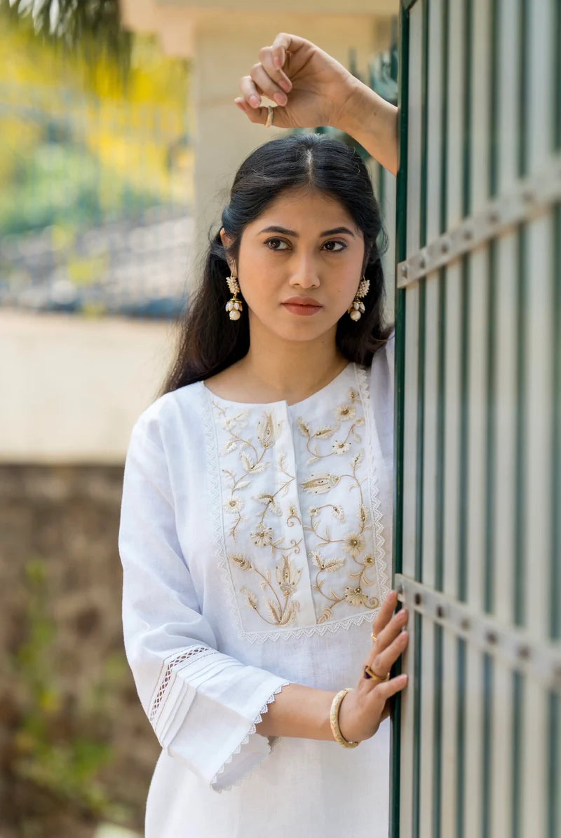 Pearl White Embroidered Cotton 3-Piece Suit Set