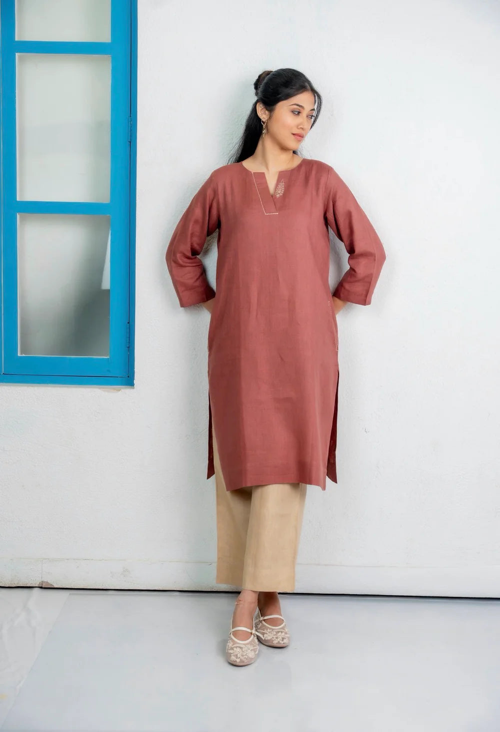 Rust Linen Straight Kurti Set
