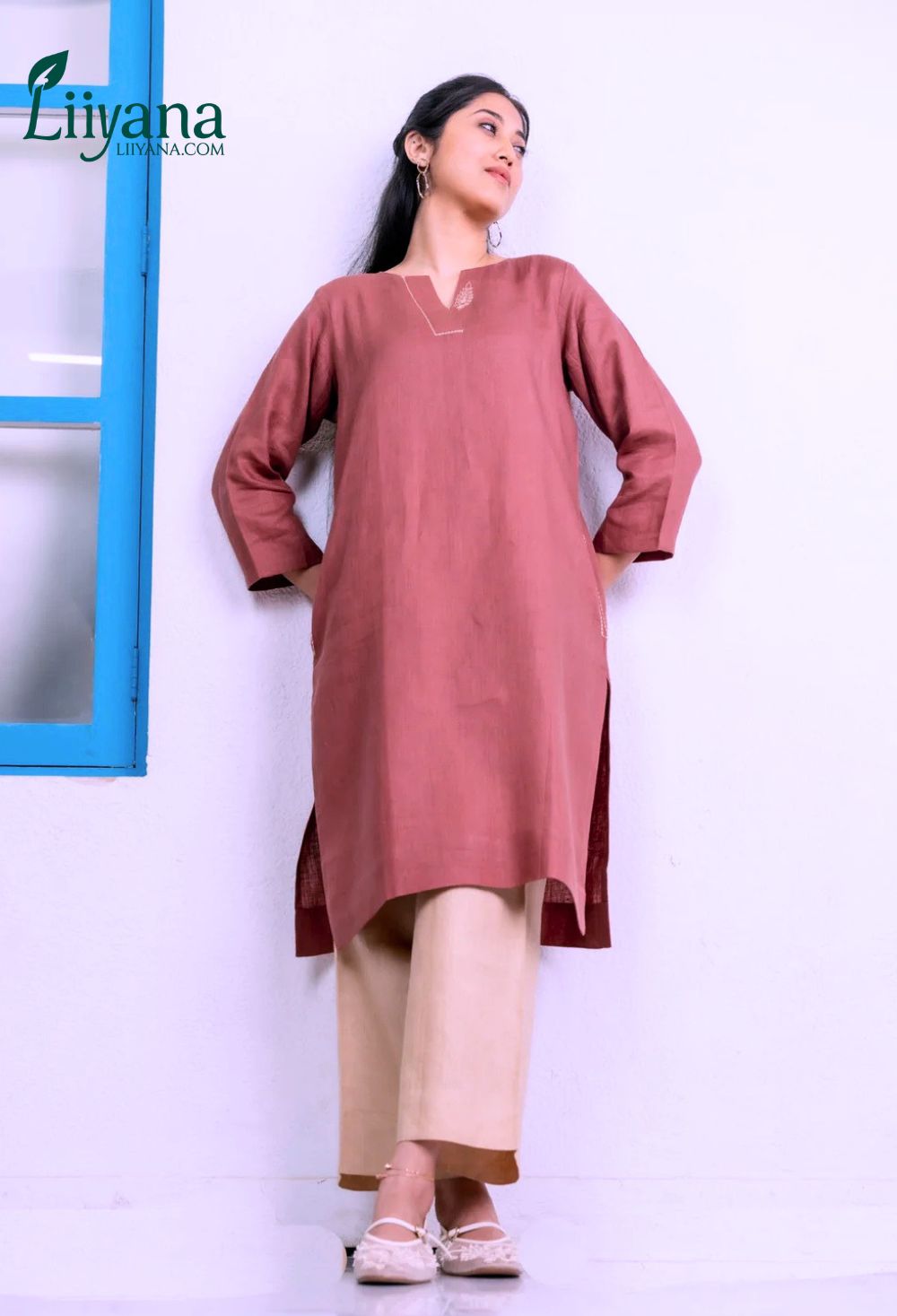 Rust Linen Straight Kurti Set