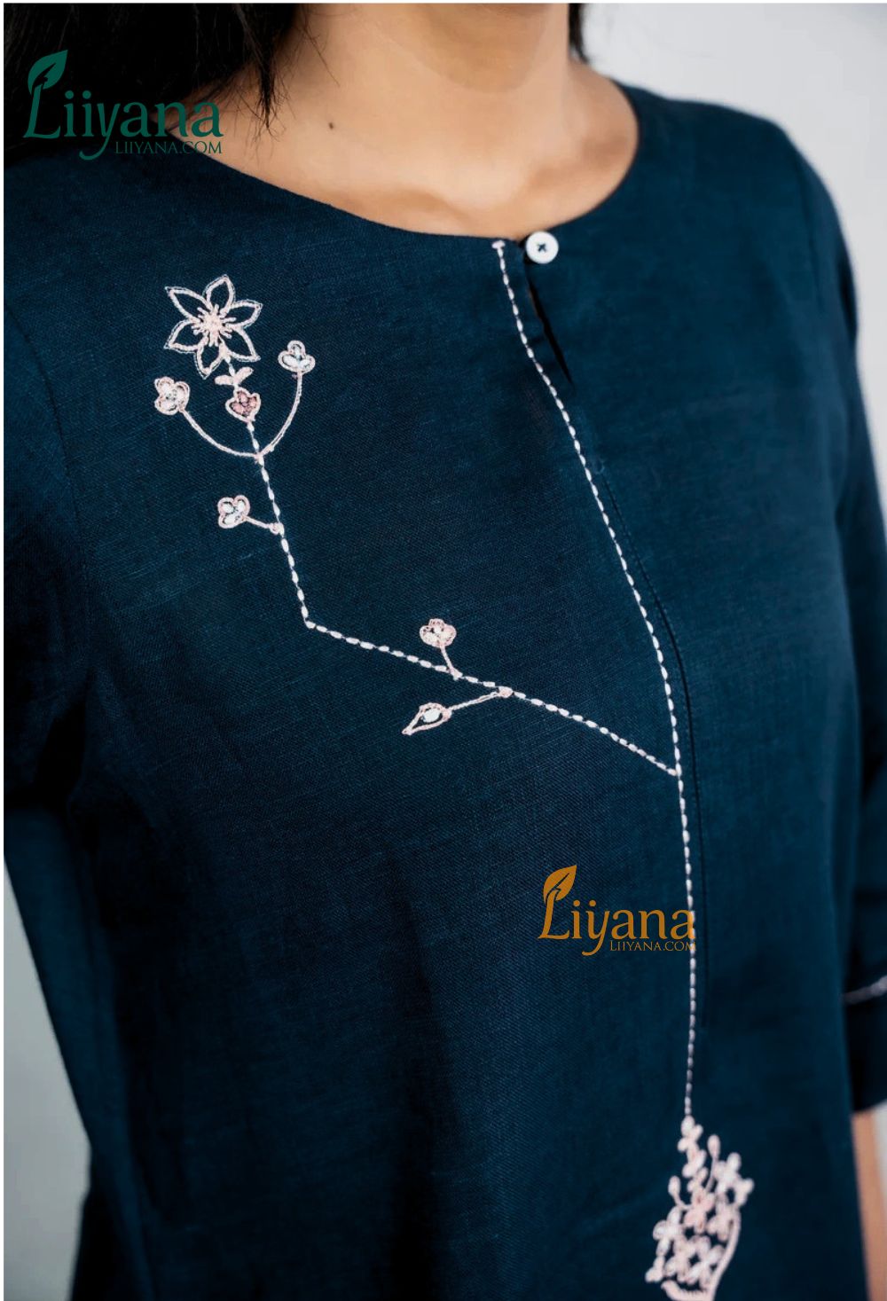 Elegant Deep Teal Navy Embroidered Straight Kurti Set