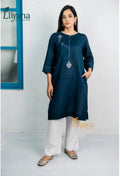 Elegant Deep Teal Navy Embroidered Straight Kurti Set
