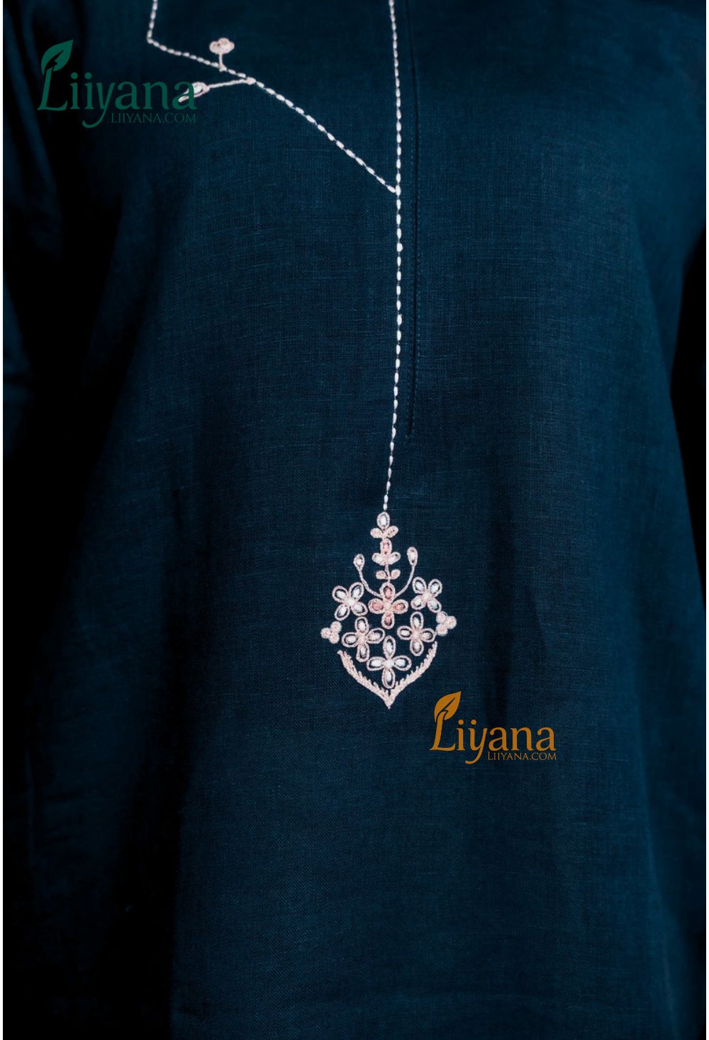 Elegant Deep Teal Navy Embroidered Straight Kurti Set