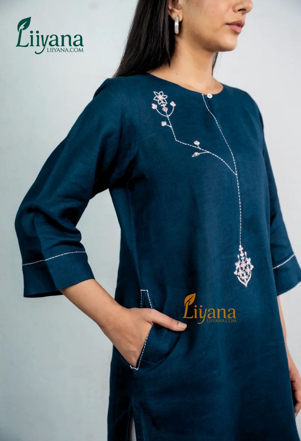 Elegant Deep Teal Navy Embroidered Straight Kurti Set