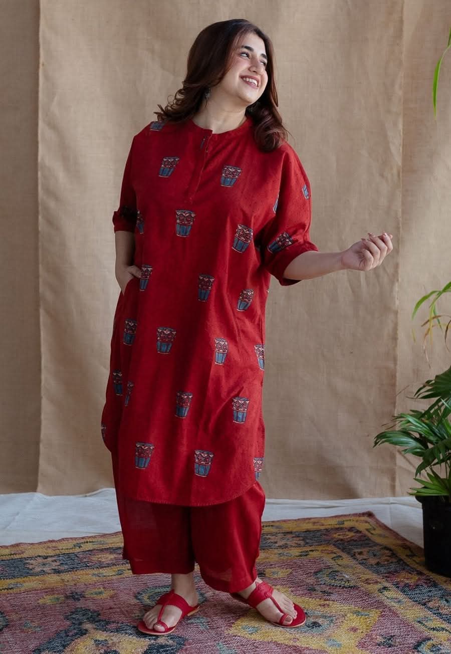 Ruby Red Printed Cotton Kurti Set 2 Pcs