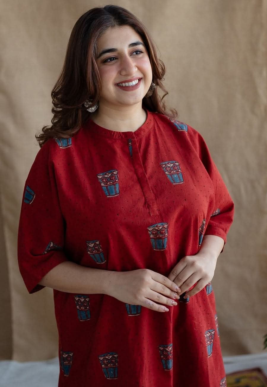 Ruby Red Printed Cotton Kurti Set 2 Pcs