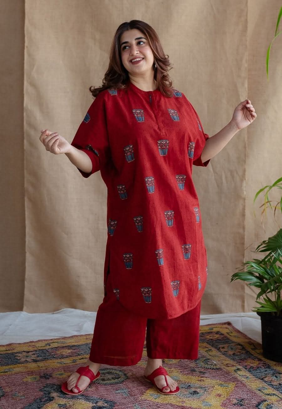 Ruby Red Printed Cotton Kurti Set 2 Pcs
