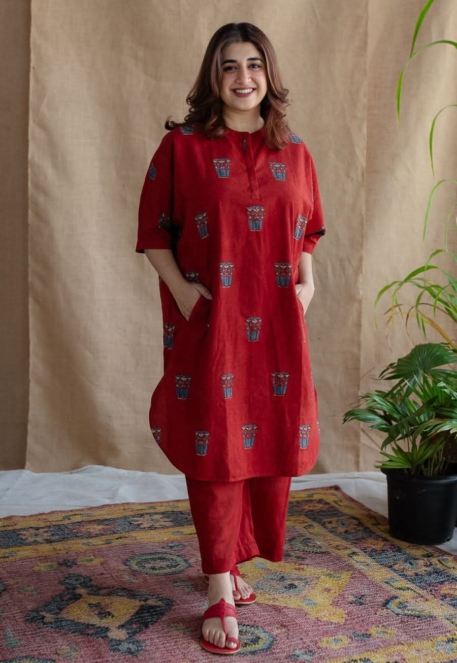 Ruby Red Printed Cotton Kurti Set 2 Pcs