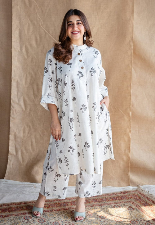 Liiyana Ivory Printed Cotton Kurti Set 2pcs